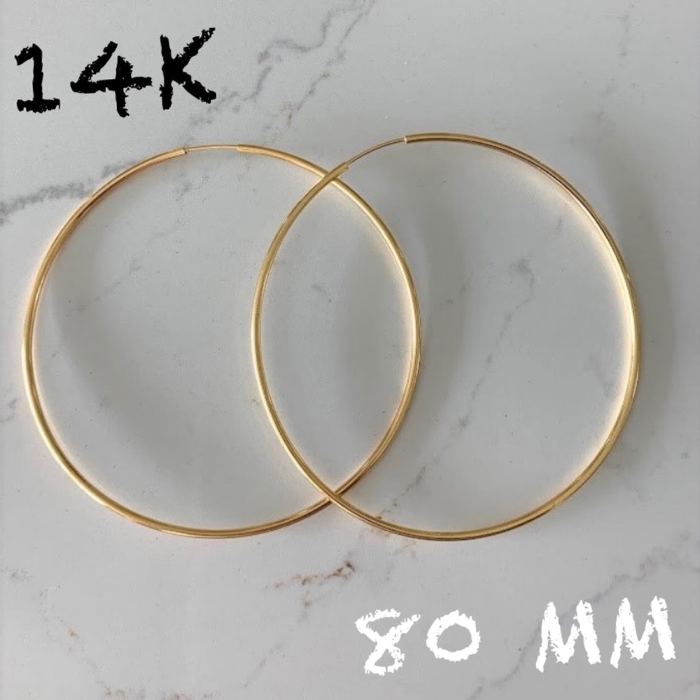 14K Yellow Gold Thin Endless Hoop Earrings, 80mm